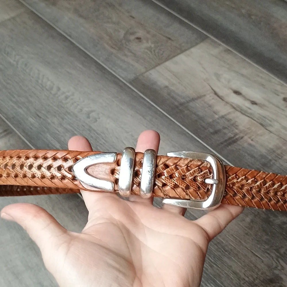 Fossil Tan Braided Leather Belt with Silver Buckle